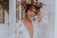 a beautiful dried flower and foliage crown with pampas grass, dried blooms and leaves and lots of twigs is a very cool idea for a boho bride