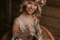 a beautiful dried flower and leaf crown with a matching wedding bouquet are a lovely combo for a summer or fall boho bride
