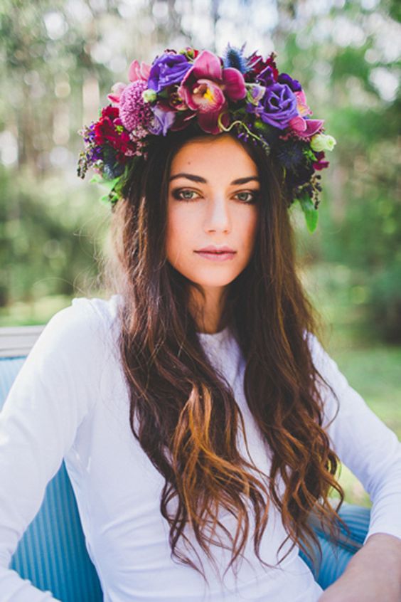 a bold jewel-tone bridal flower crown with fuchsia, violet, pink blooms and greenery is a gorgeous idea for a fall bride