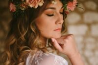 a delicate muted color flower crown with pink, blush and white blooms and greenery is a lovely idea for a spring or summer bride