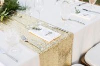 a sequin table runner is a glam touch to any tablescape