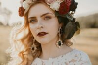 a moody bridal flower crown with white, blush, lilac, red and burgundy blooms and foliage is a gorgeous idea for the fall
