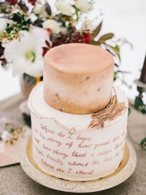 a pretty pastel wedding cake with a watercolor tier, a love letter with copper calligraphy and a copper feather is cool for a summer wedding