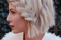 a textural short bob with a French side braid on top is a nice idea for shorter hair