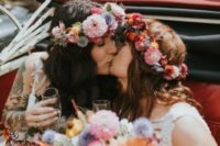 colorful flower crowns with pink, orange, light pink and coral blooms, foliage and allium are amazing for a colorful boho wedding