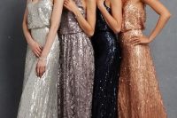 mismatching glitter maxi bridesmaid dresses with spaghetti straps are lovely and the range of colors is amazing