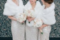 silver glitter maxi bridesmaid dresses with white faux fur coverups are amazing for a momdern or reto glam wedding and are very chic