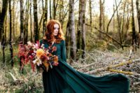 an emerald green maxi wedding dress with long sleeves and a pleated skirt plus long sleeves for a fall bride