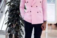 an eye-catchy outfit with a blue shirt, a navy printed tie, a bright pink blazer, black pants and brown shoes is a gorgeous idea for a bright wedding