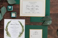 emerald and gold wedding stationery with calligraphy is a refined idea for any wedding