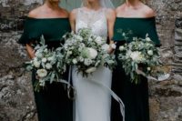 emerald off the shoulder midi dresses for bridesmaids and metallic shoes will give your gals a chic look