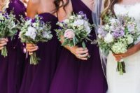short mismatching eggplant purple knee bridesmaid dresses are elegant and chic