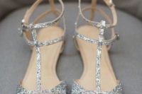 silver glitter strappy flats are a gorgeous and comfy option for a holiday wedding or just for a glitter touch