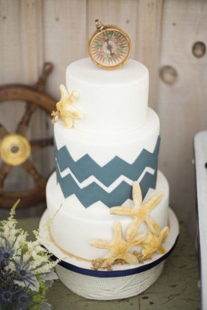 a coastal wedding cake with graphite grey chevrons, sugar starfish and a compass on top is a fantastic idea for a modern wedding