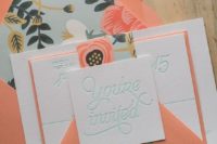 a coral, mint and white wedding invitation suite with floral lining and patterns plus cool geometry