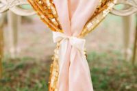a gold sequin and light pink wedding table table runners will create a romantic and glam look