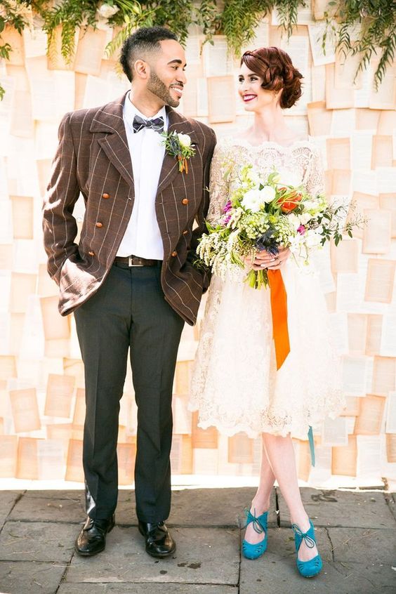a quirky retro bridal look with a lace midi dress with long sleeves and a high neckline plus turquoise suede shoes