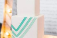 a super elegant and modern square wedding cake decorated with green to aqua chevrons is a lovely and fresh idea for a spring or summer wedding