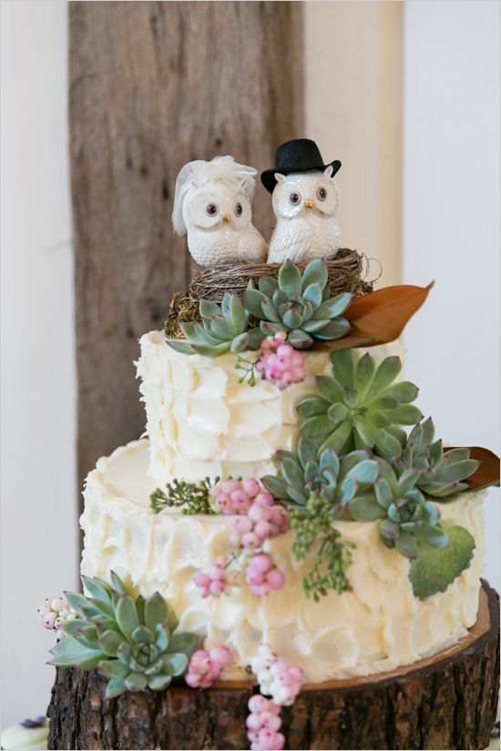a white textural buttercream wedding cake with berries, succulents, a nest with faux birds and a leaf is a lovely idea for a woodland wedding