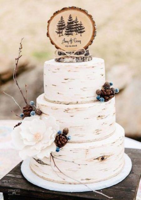 a woodland wedding cake imitating birch bark, with pinecones, faux berrites, twigs and a silk flower plus a cake topper of wood slices is cool