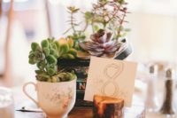 a cozy rustic wedding centerpiece with a wood slice, succulents in a teacup and tin can and a table number