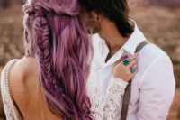 a purple half updo with a twisted fishtail braid and some waves down is a lovely idea for a destination bride