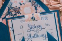 a romantic wedding invitation suite with floral prints shows off a bright color pair that is super pretty