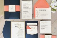 a stylish coral, navy and white wedding invitation suite with gold frames is a fantastic idea