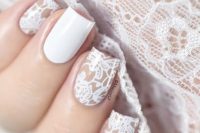 a white lace and plain wedding manicure is a beautiful idea to add romance to your bridal look