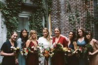 bright mismatched boho bridesmaids’ dresses in blue, navy, red, burgundy and light blue