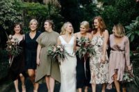 casual mismatched midi dresses in various colors and fabrics will make your bridal party happy