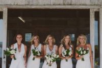 gorgeous mismatched modern white bridesmaid dresses and blush strappy shoes for a modern summer wedding