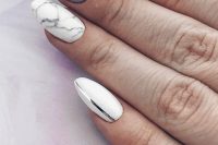 grey, white and marble wedding nails with a shiny strap are a cool modern bridal manicure to try