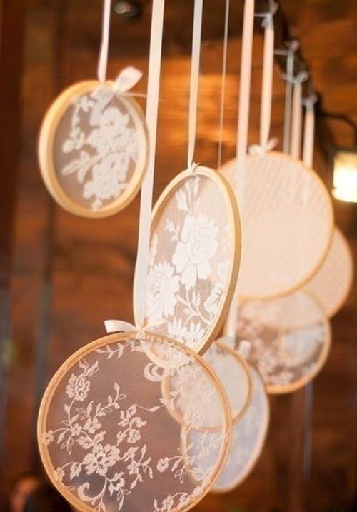 lace embroidery hoops hanging over the space will give a slight vintage feel to it and will make it more beautiful, and DIYing them is easy