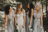 matching and sexy sleeveless dove grey bridesmaid dresses with sashes for a grey boho wedding
