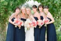 maxi navy spaghetti strap dresses for bridesmaids and coral bouquets with ivory ones