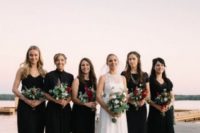mismatched black bridesmaid dresses to highlight each girl’s style are a timeless option