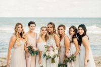 mismatched blush and off-white maxi bridesmaid dresses for a neutral beach wedding
