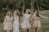 mismatched blush and white short bridesmaid dresses with various prints for a summer wedding