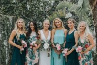 mismatched bridesmaid maxi dresses – with floral prints, in dark green and light blue with different necklines