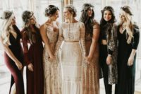 mismatched bridesmaids’ looks in green, black, neutrals and burgundy for a boho chic fall wedding