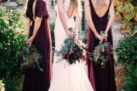 mismatched burgundy maxi dresses with cutout backs are a refined solution for a fall wedding