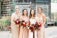 mismatched gold sequin bridesmaid gowns and a blush maxi dress for the maid of honor