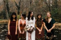 mismatched jewel tone velvet and satin bridesmaid dresses will fit both a fall and a winter wedding, too