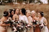 mismatched neutral and muted color bridesmaid dresses of midi and maxi lengths and with various designs and prints