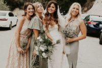 mismatched olive green and blush bridesmaid dresses with ruffles, lace and slits for a spring or summer wedding