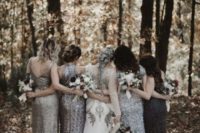 mismatched silver sequin sheath bridesmaid dresses and a black embellished gown for the maid of honor