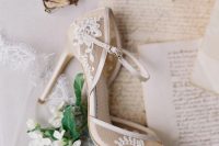 semi-sheer tan wedding shoes with white lace appliques are a gorgeous solution for a bride who wants to add elegance to the outfit