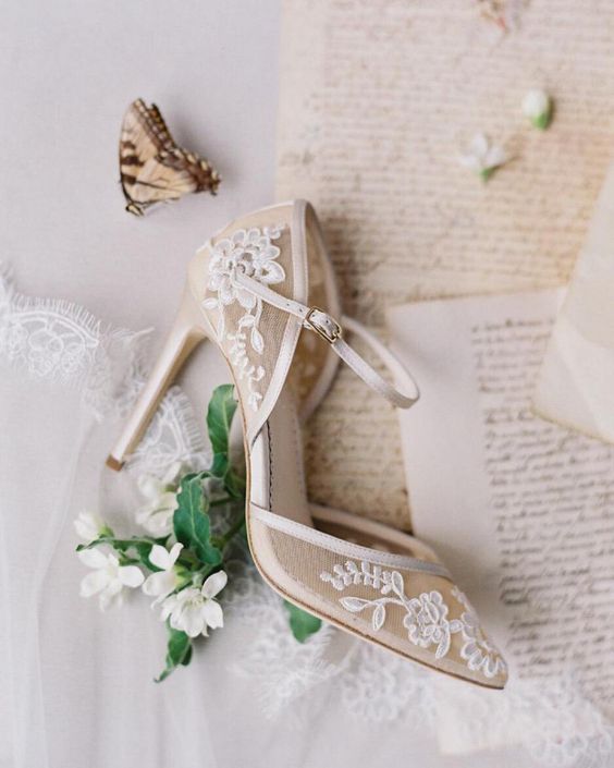 semi sheer tan wedding shoes with white lace appliques are a gorgeous solution for a bride who wants to add elegance to the outfit
