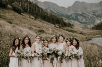 white lace short mismatched bridesmaids’ dresses and various shoes for a cool neutral boho wedding